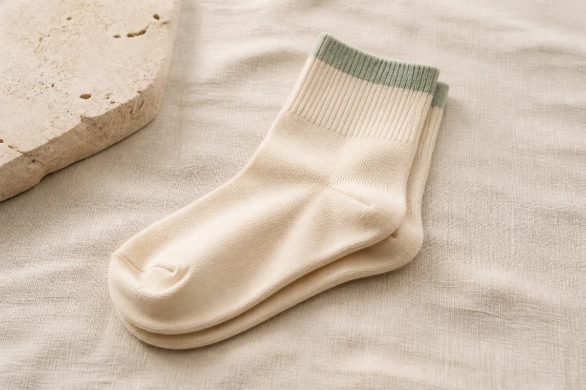 Premium ivory knit crew socks with a muted sage cuff